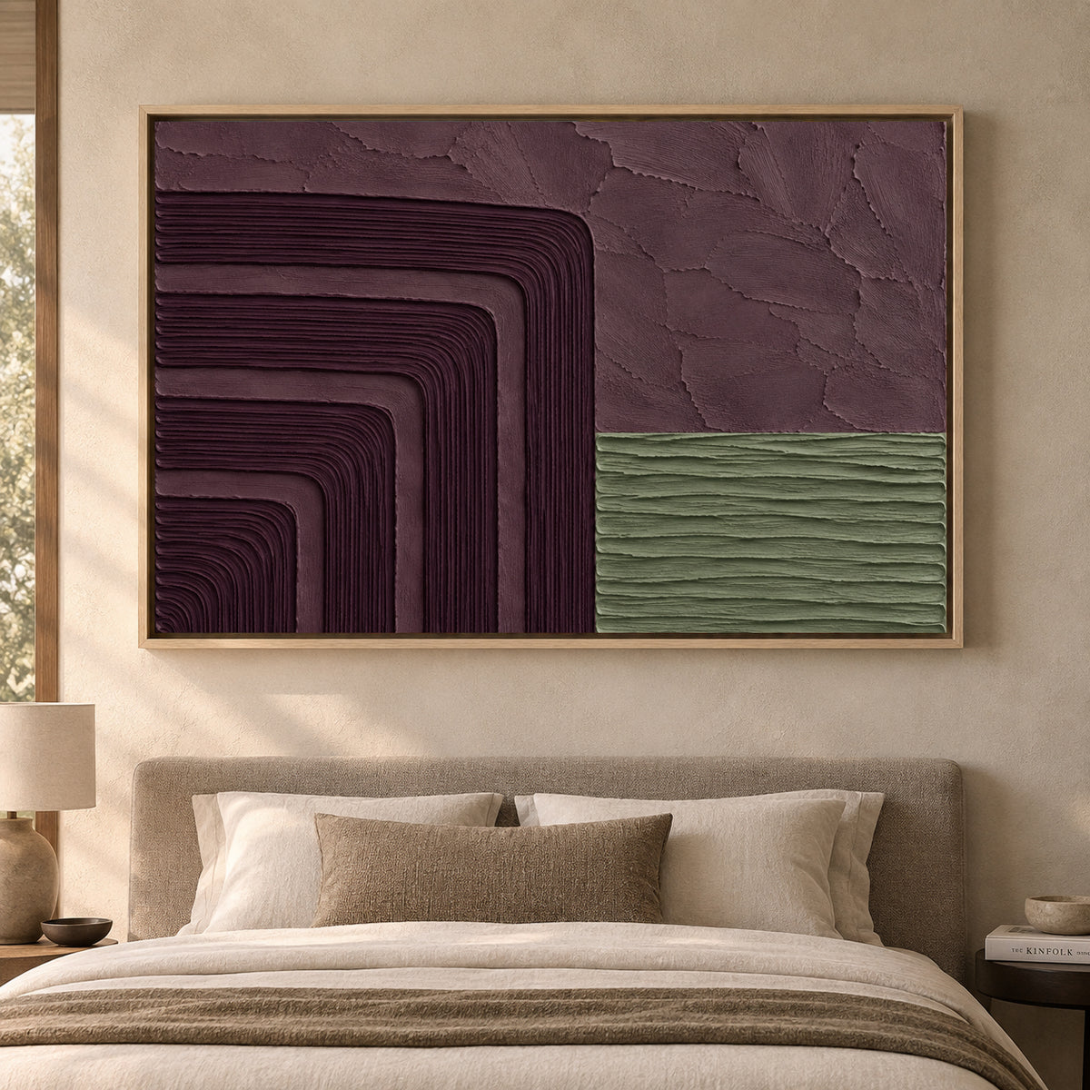 Burgundy and Sage Sculptural Geometric Textured Canvas Art