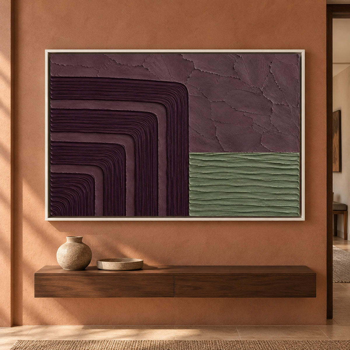 Burgundy and Sage Sculptural Geometric Textured Canvas Art