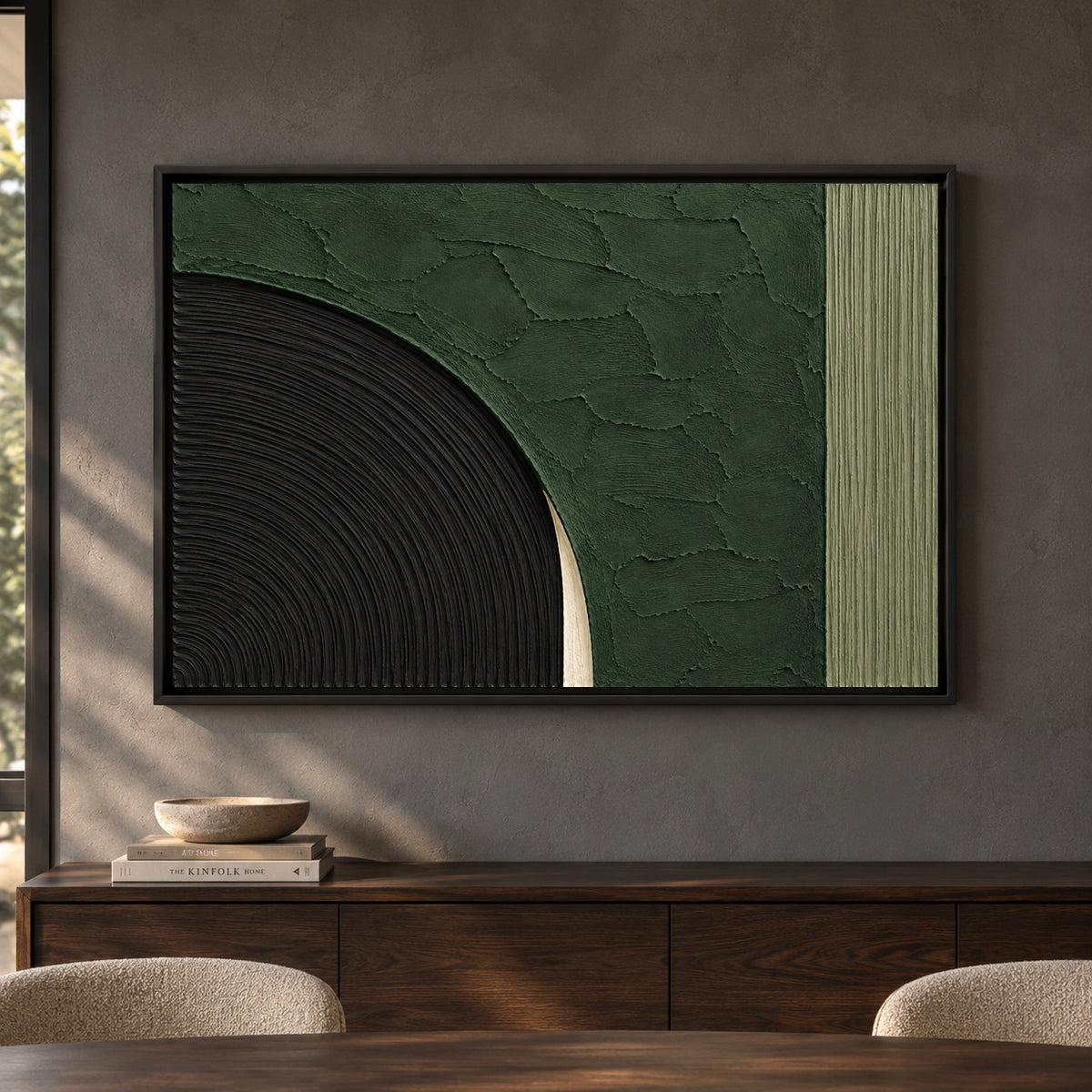 Emerald Green and Black Sculptural Arc Textured Canvas Art