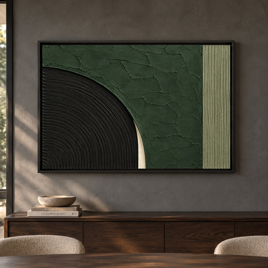Emerald Green and Black Sculptural Arc Textured Canvas Art