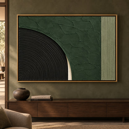 Emerald Green and Black Sculptural Arc Textured Canvas Art