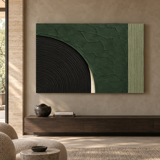Emerald Green and Black Sculptural Arc Textured Canvas Art