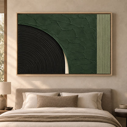 Emerald Green and Black Sculptural Arc Textured Canvas Art