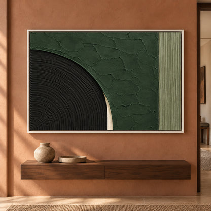 Emerald Green and Black Sculptural Arc Textured Canvas Art