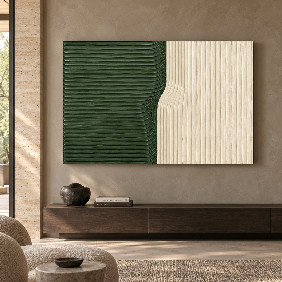 Forest Green and Ivory Flow Textured Abstract Canvas Art