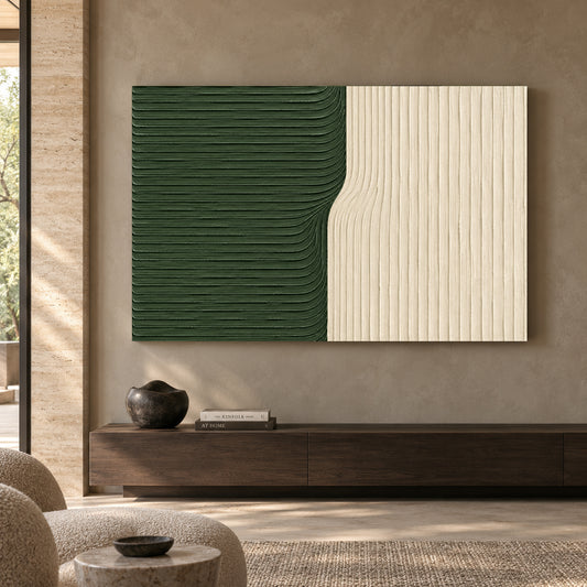 Forest Green and Ivory Flow Textured Abstract Canvas Art