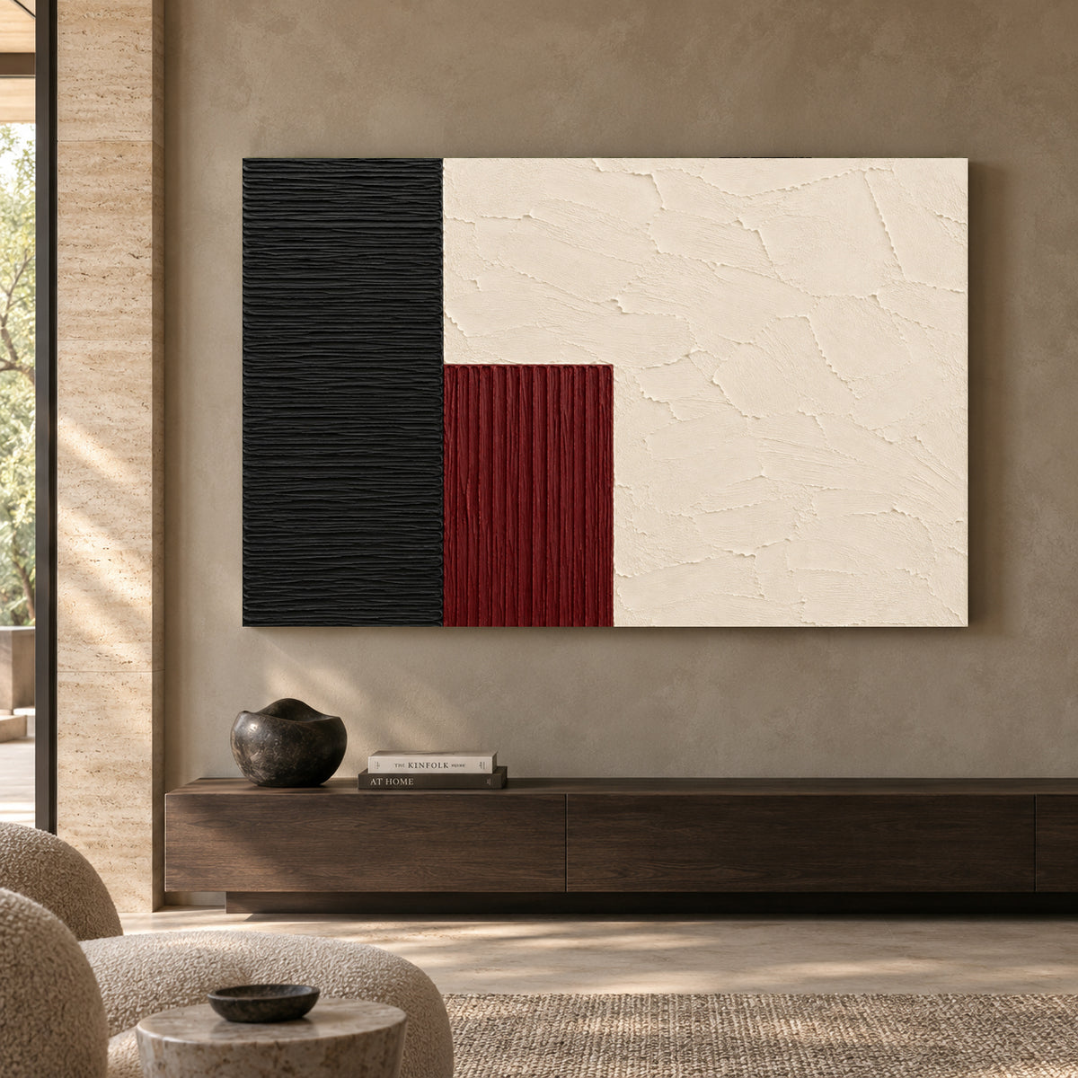 Black Arc and Ivory Sculptural Textured Canvas Art