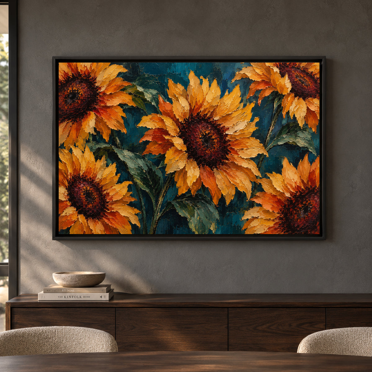 Golden Sunflowers on Deep Teal Textured Botanical Canvas Art