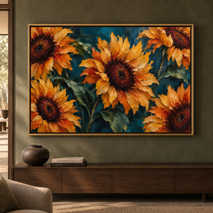 Golden Sunflowers on Deep Teal Textured Botanical Canvas Art