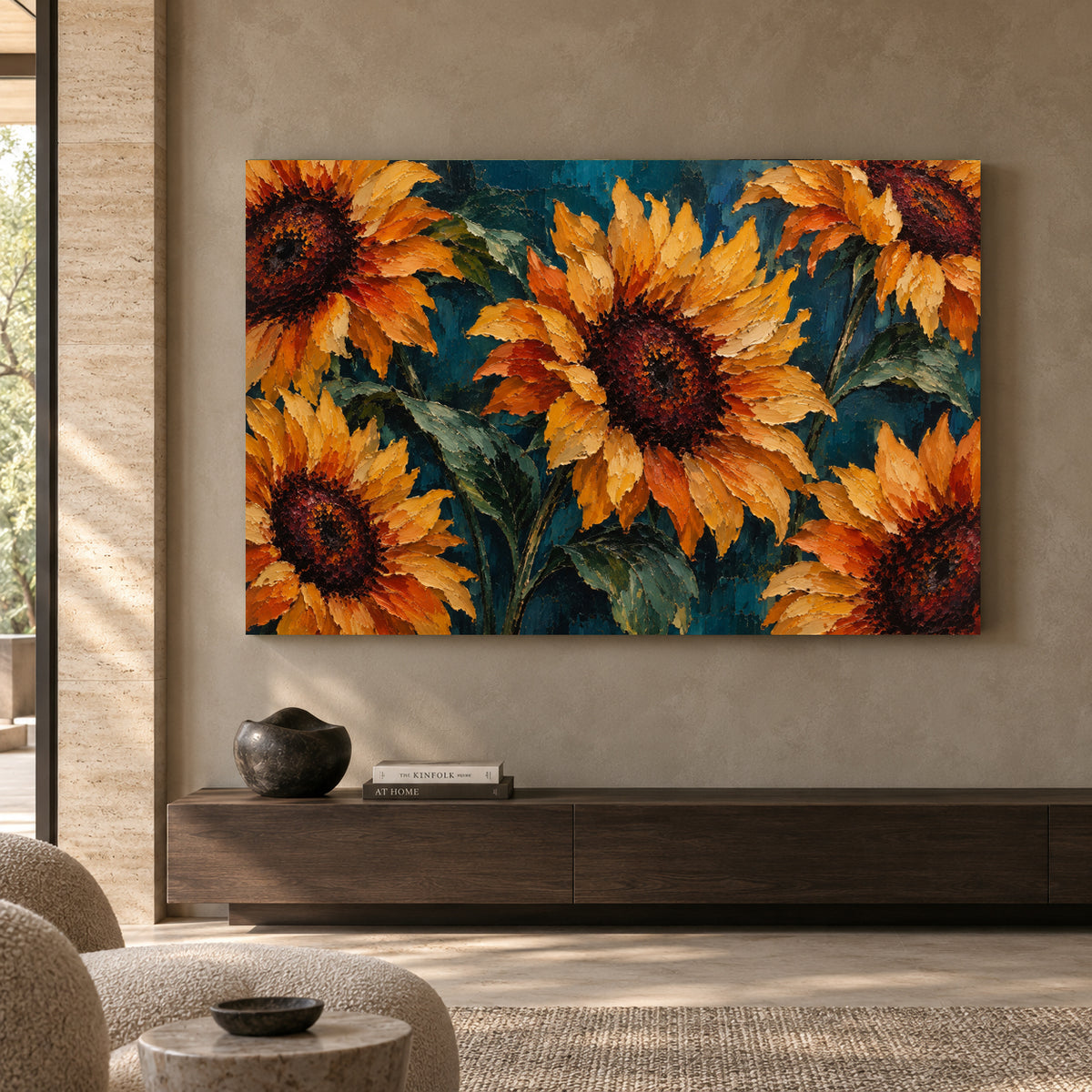 Golden Sunflowers on Deep Teal Textured Botanical Canvas Art