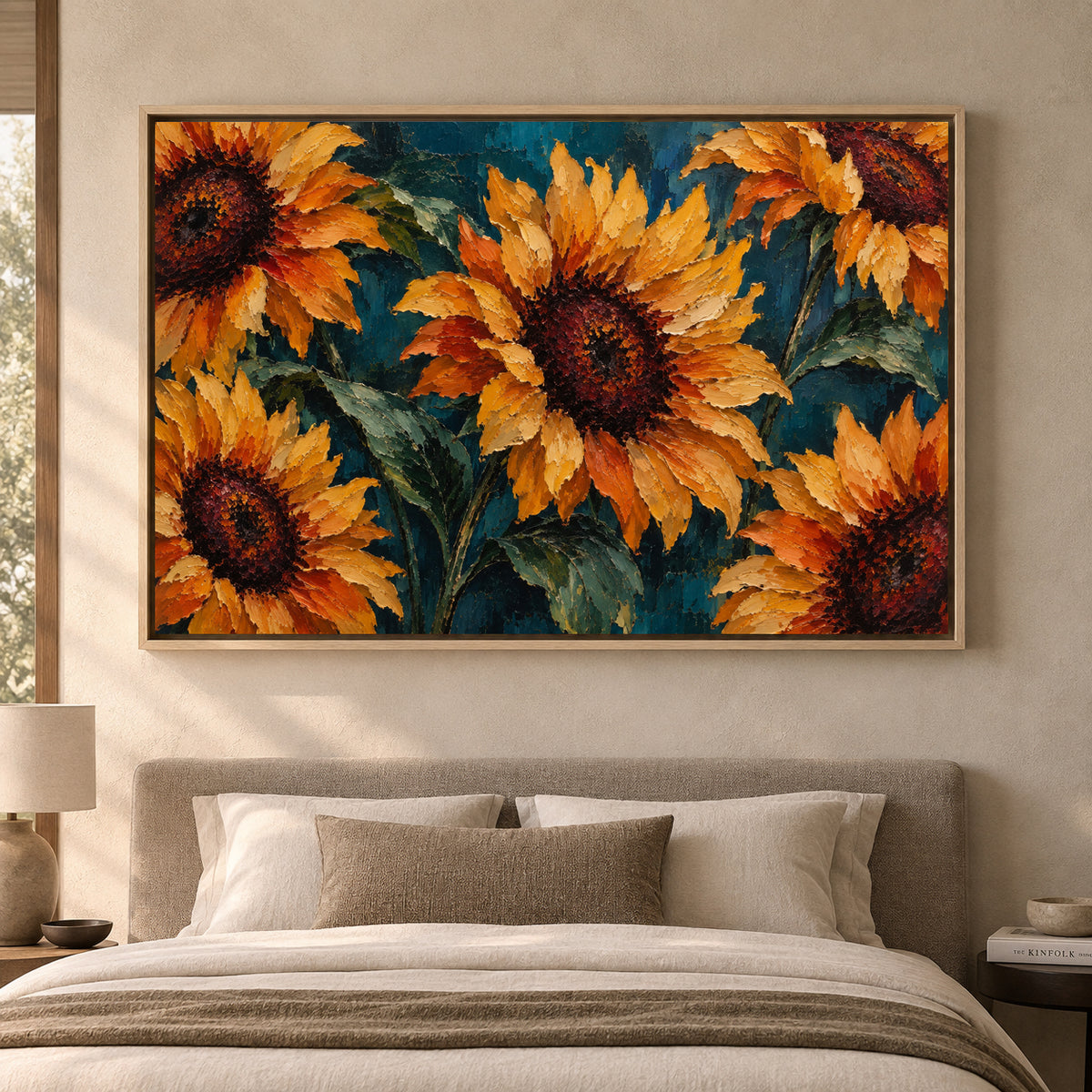Golden Sunflowers on Deep Teal Textured Botanical Canvas Art