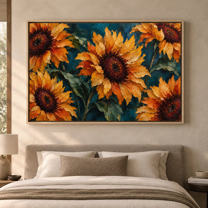 Golden Sunflowers on Deep Teal Textured Botanical Canvas Art