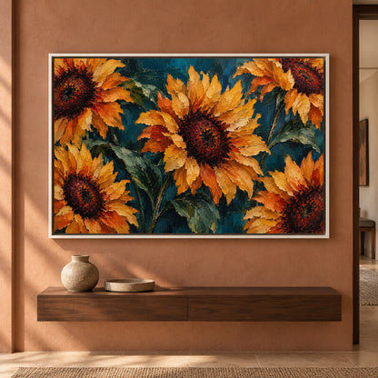 Golden Sunflowers on Deep Teal Textured Botanical Canvas Art