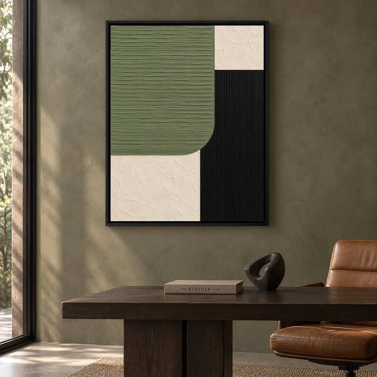 Sage Green Black and Ivory Geometric Textured Canvas Art