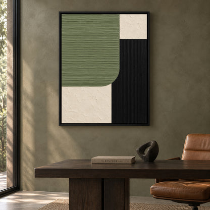 Sage Green Black and Ivory Geometric Textured Canvas Art