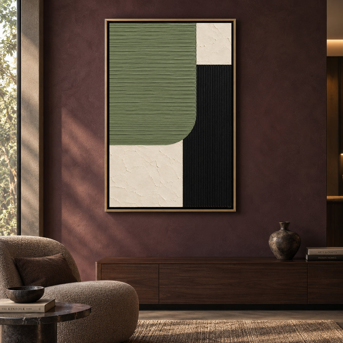 Sage Green Black and Ivory Geometric Textured Canvas Art