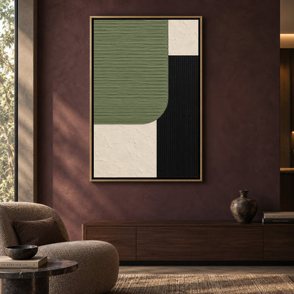 Sage Green Black and Ivory Geometric Textured Canvas Art