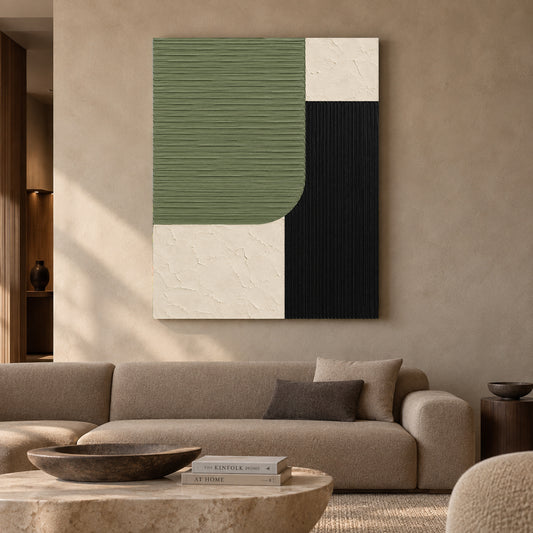 Sage Green Black and Ivory Geometric Textured Canvas Art