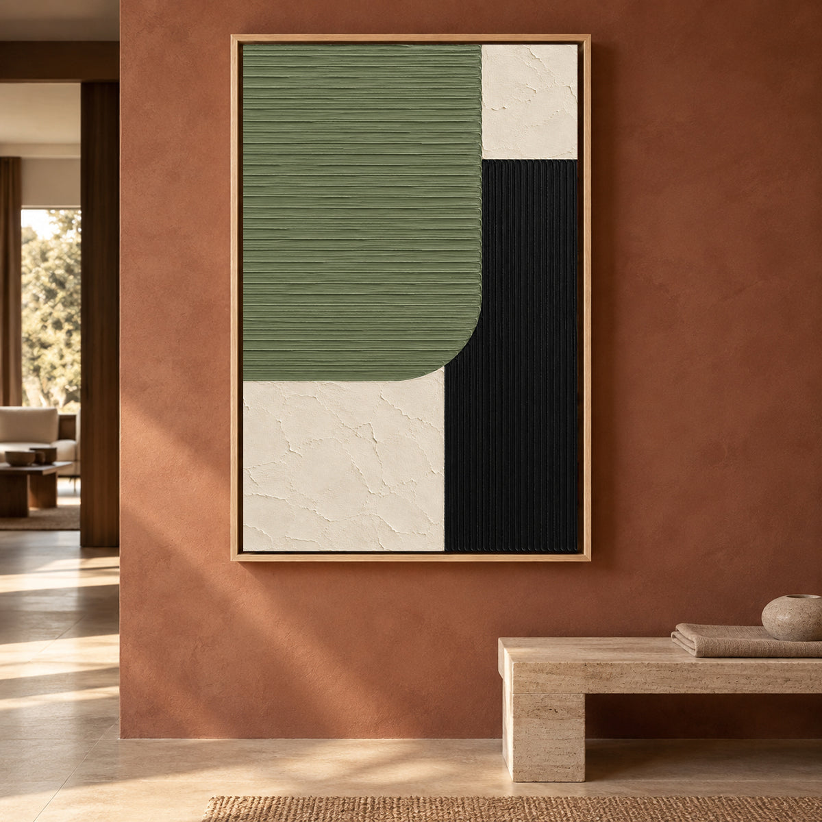 Sage Green Black and Ivory Geometric Textured Canvas Art