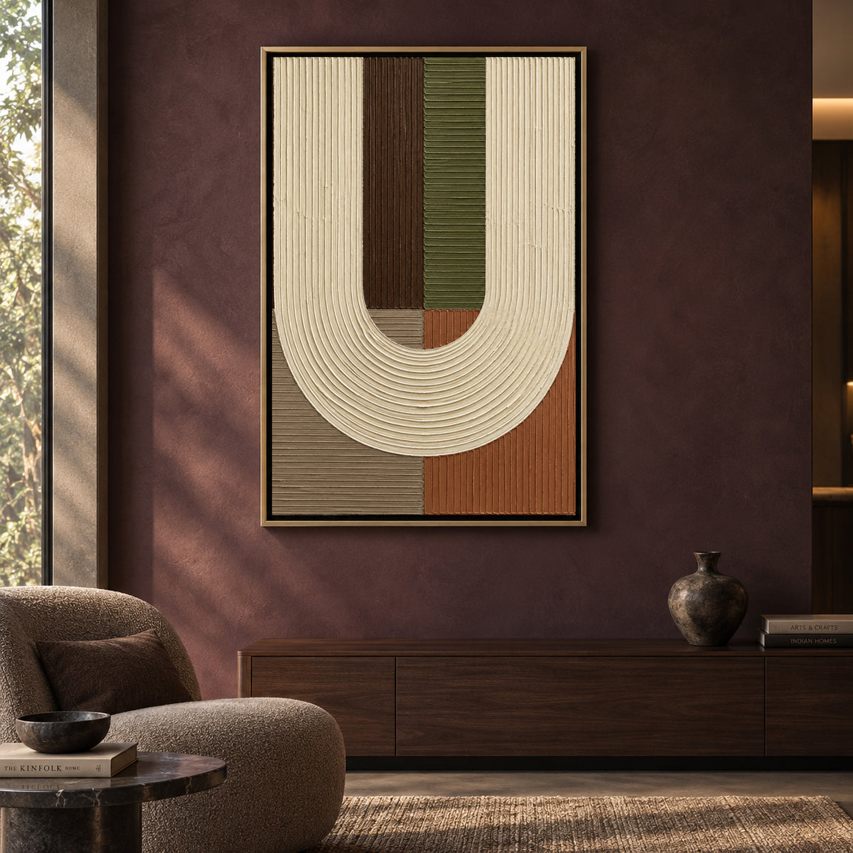 Sculptural U Form Earth Tone Textured Abstract Canvas Art