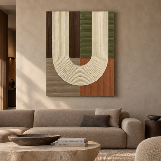 Sculptural U Form Earth Tone Textured Abstract Canvas Art