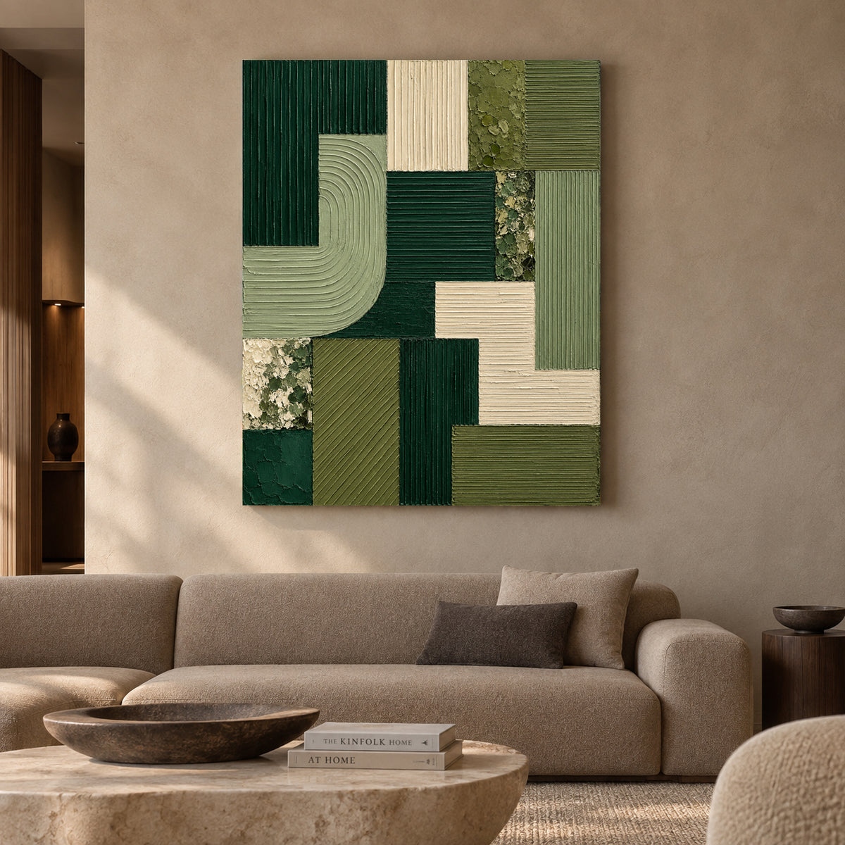 Emerald Green Geometric Textured Abstract Canvas Art