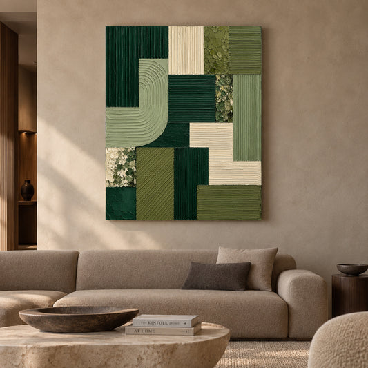 Emerald Green Geometric Textured Abstract Canvas Art