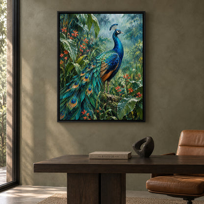 Peacock in Tropical Garden Textured Wildlife Canvas Art
