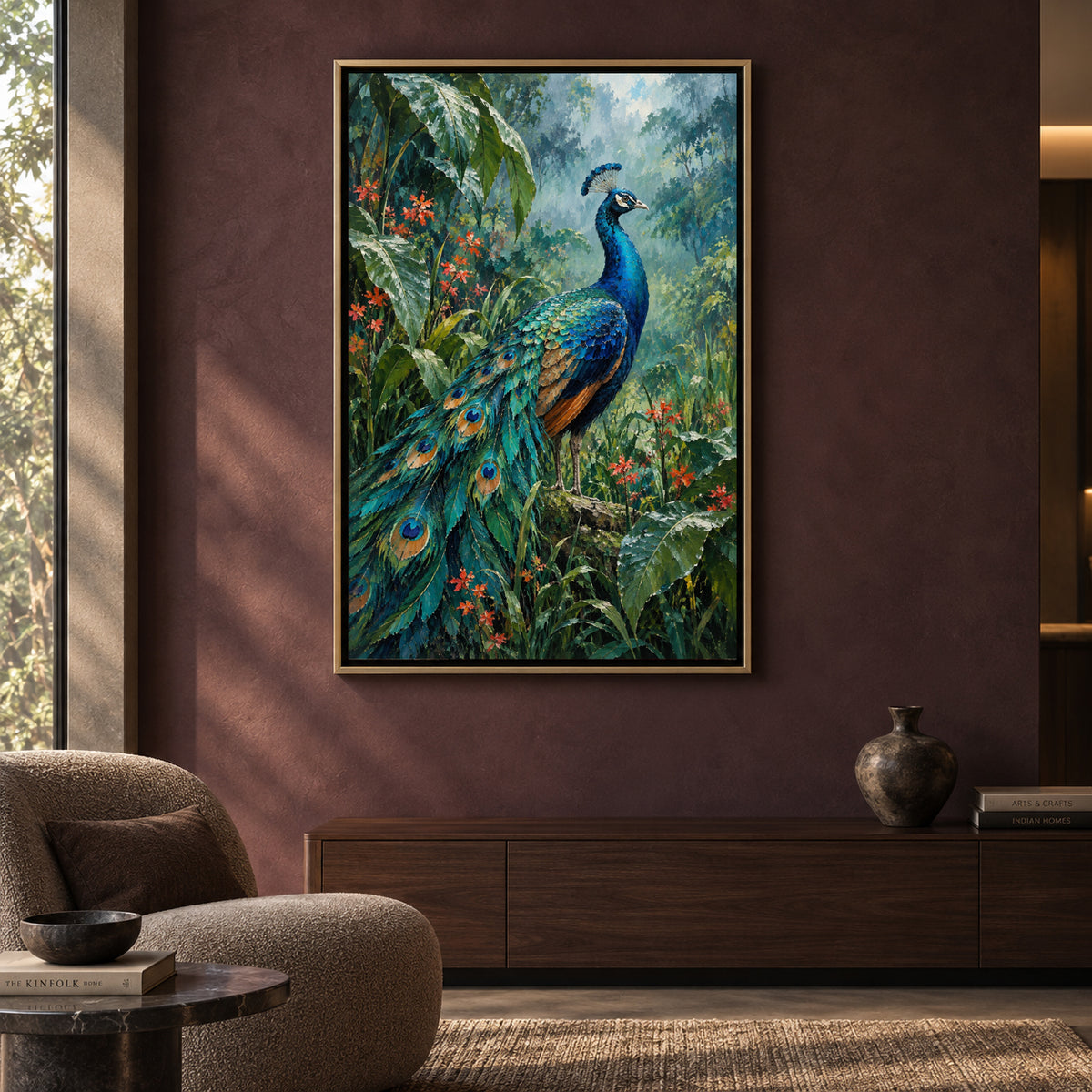 Peacock in Tropical Garden Textured Wildlife Canvas Art