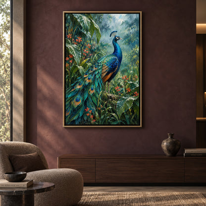 Peacock in Tropical Garden Textured Wildlife Canvas Art