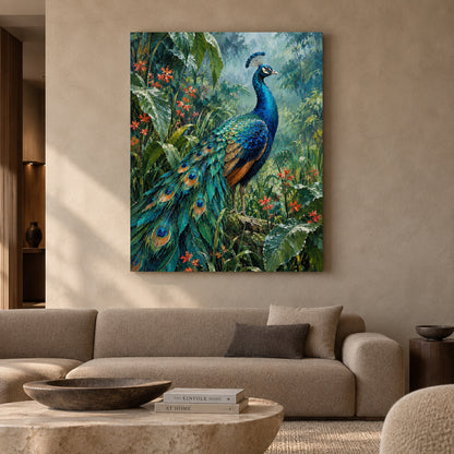 Peacock in Tropical Garden Textured Wildlife Canvas Art