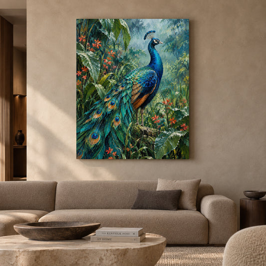 Peacock in Tropical Garden Textured Wildlife Canvas Art