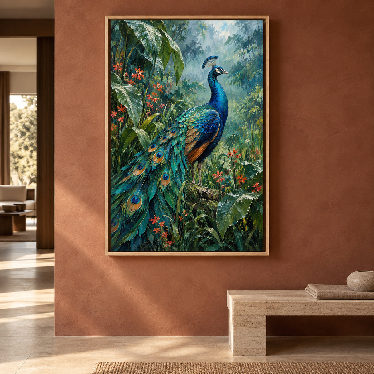 Peacock in Tropical Garden Textured Wildlife Canvas Art