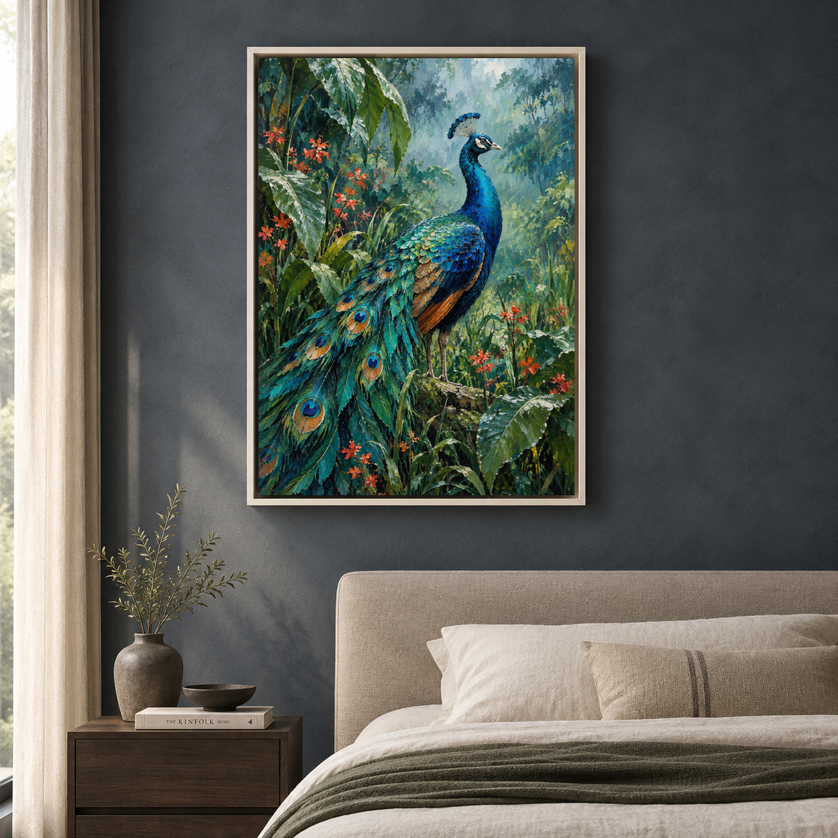 Peacock in Tropical Garden Textured Wildlife Canvas Art