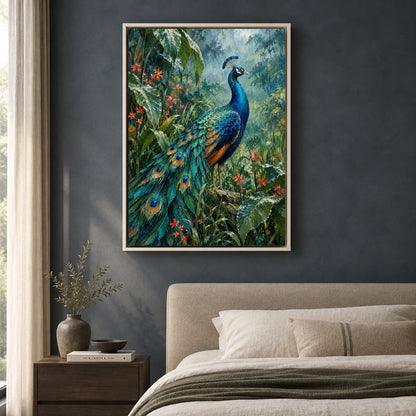 Peacock in Tropical Garden Textured Wildlife Canvas Art