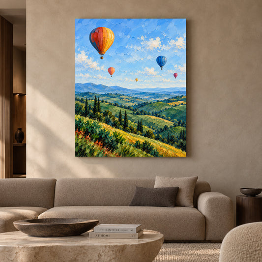 Hot Air Balloons Over Tuscan Hills Textured Landscape Canvas Art
