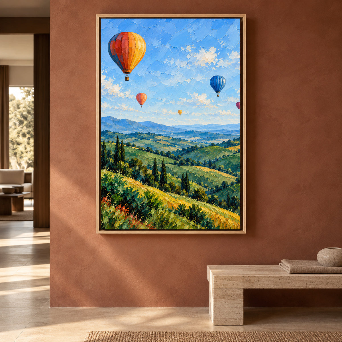 Hot Air Balloons Over Tuscan Hills Textured Landscape Canvas Art