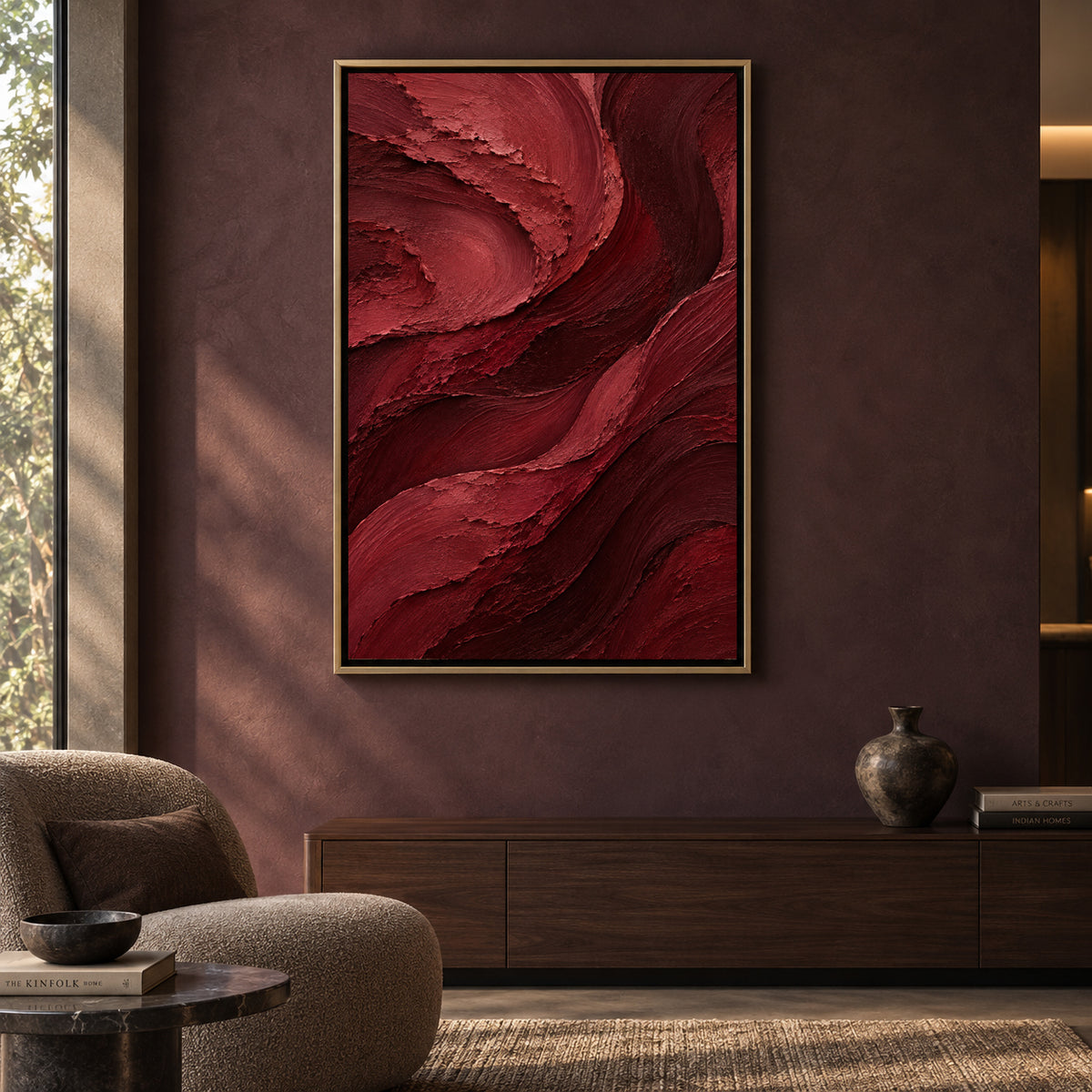 Crimson Currents Textured Abstract Canvas Art