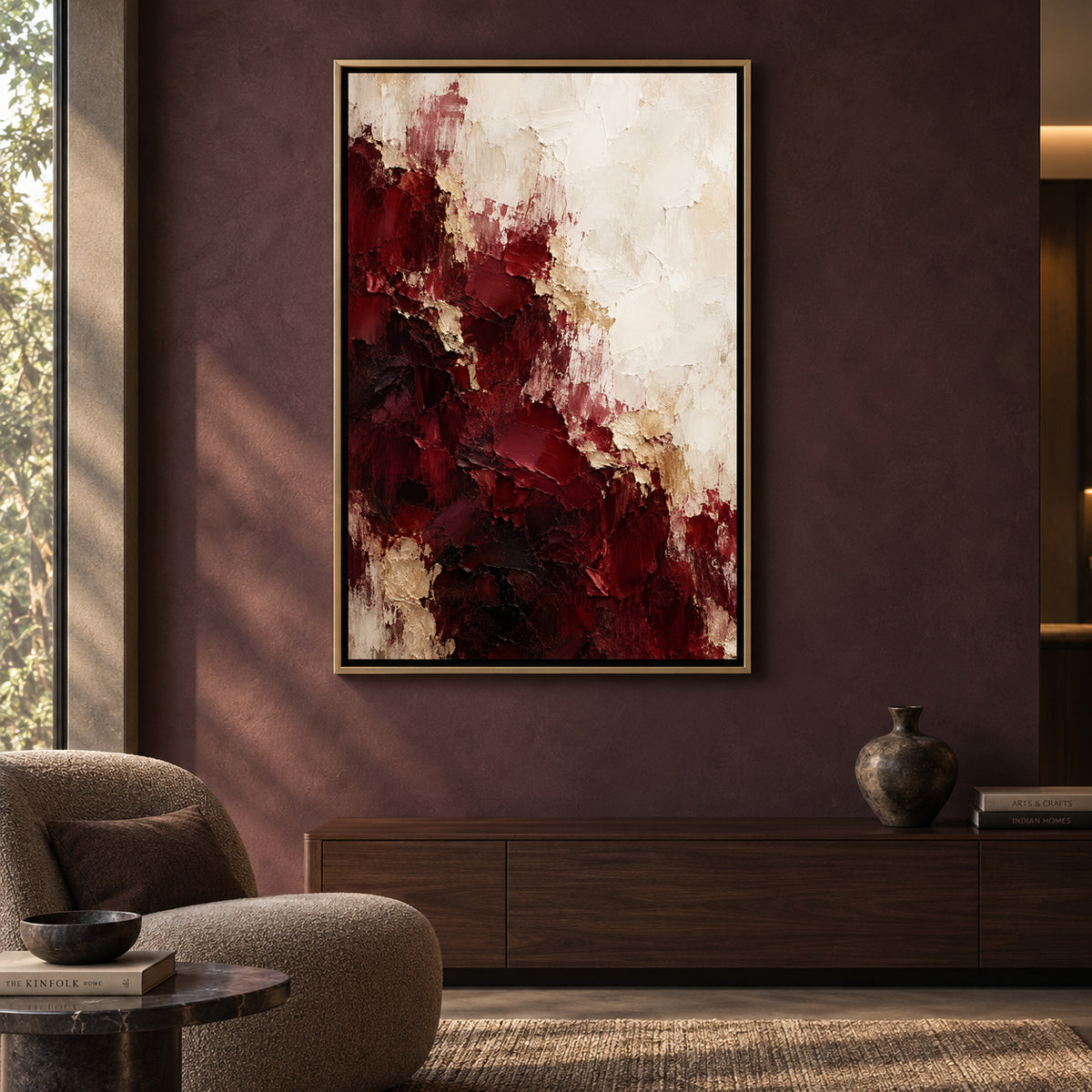 Burgundy Fracture Textured Abstract Canvas Art