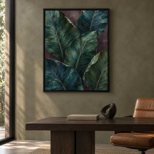 Midnight Tropical Leaves Textured Botanical Canvas Art