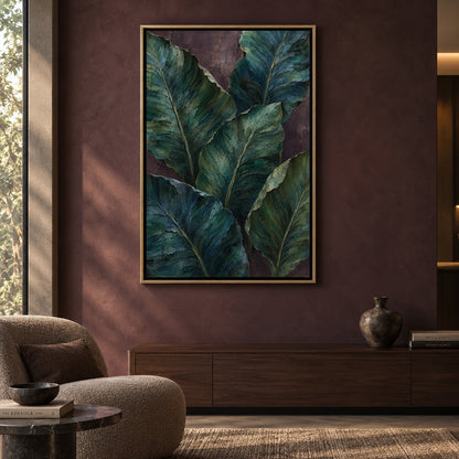 Midnight Tropical Leaves Textured Botanical Canvas Art
