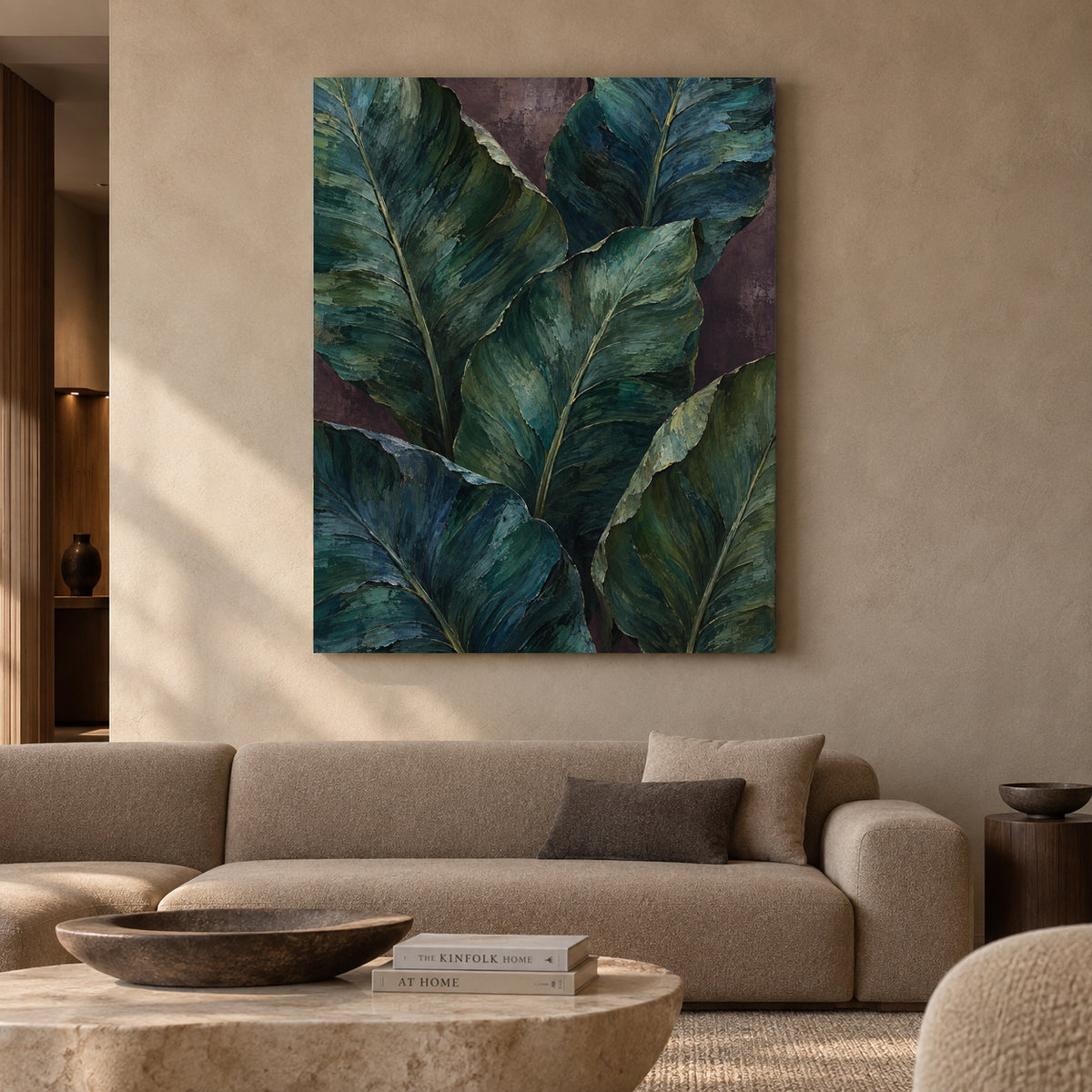 Midnight Tropical Leaves Textured Botanical Canvas Art
