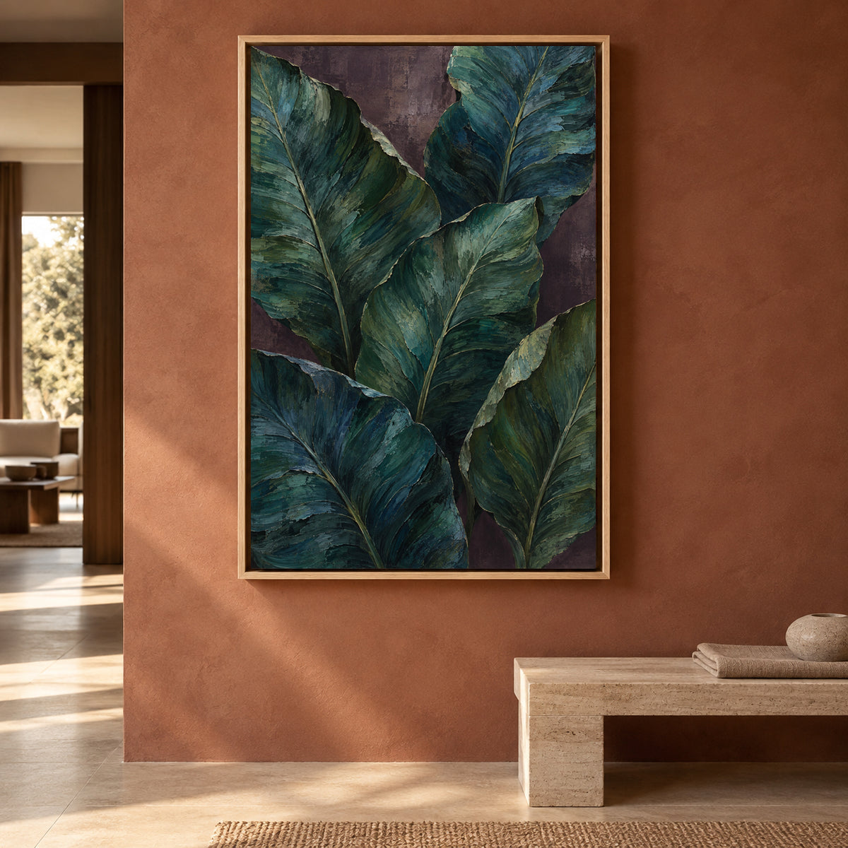 Midnight Tropical Leaves Textured Botanical Canvas Art