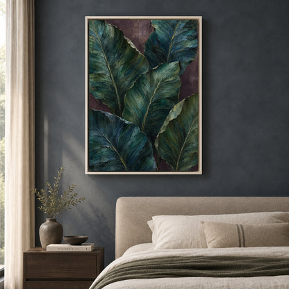 Midnight Tropical Leaves Textured Botanical Canvas Art
