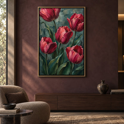 Crimson Tulips Textured Botanical Canvas Art
