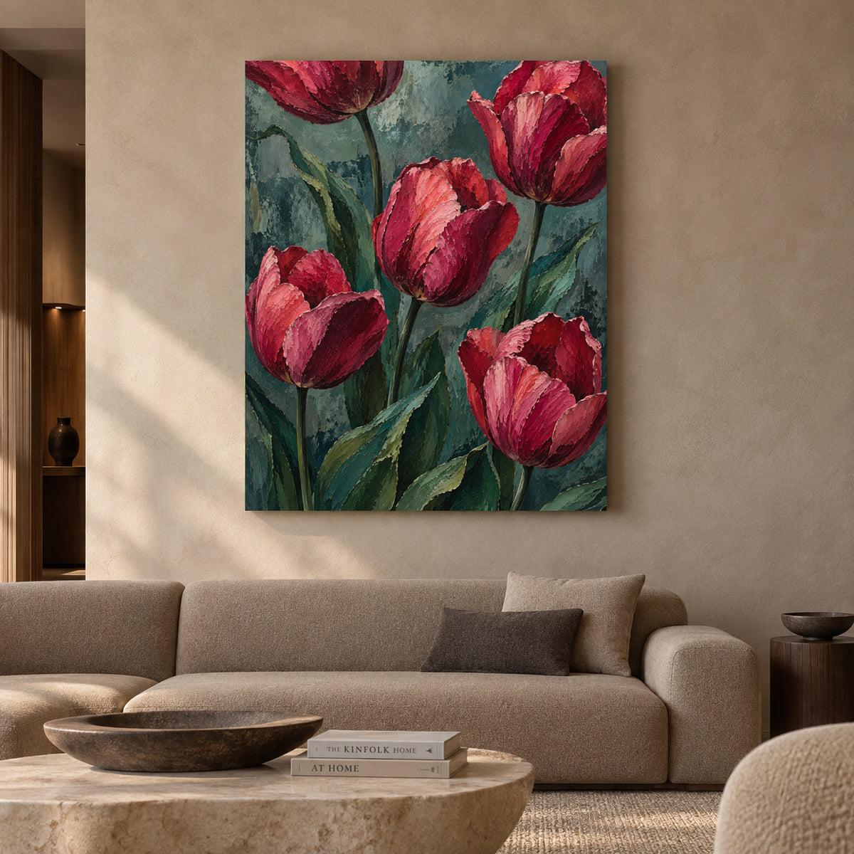 Crimson Tulips Textured Botanical Canvas Art