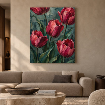 Crimson Tulips Textured Botanical Canvas Art