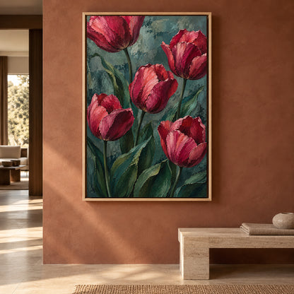 Crimson Tulips Textured Botanical Canvas Art