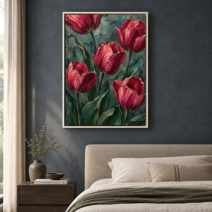 Crimson Tulips Textured Botanical Canvas Art