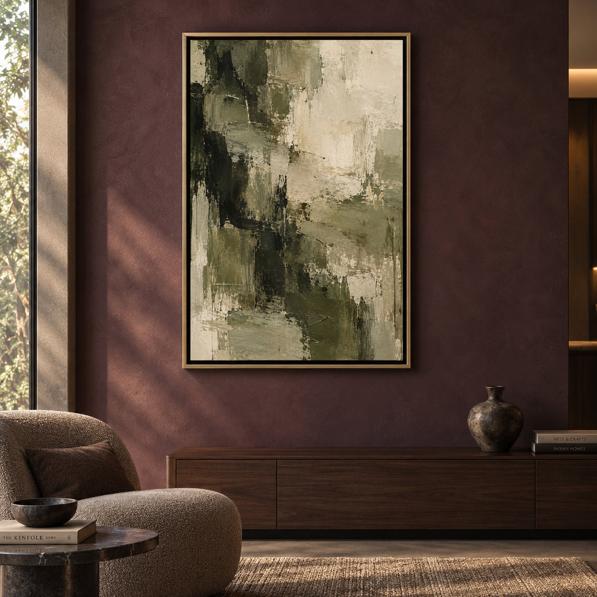 Olive Green Neutral Abstract Textured Canvas Art